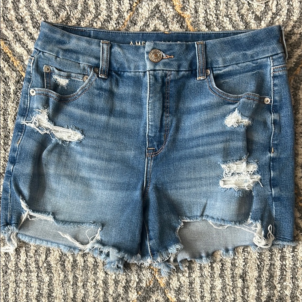 American Eagle Dream Short Curvy Midi Distressed Blue Denim Shorts 8